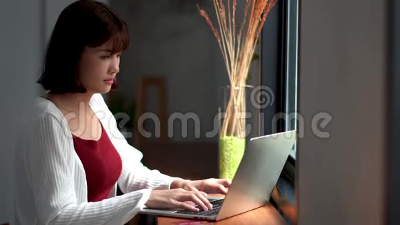 年轻漂亮的女人在窗户附近打手提电脑视频的预览图