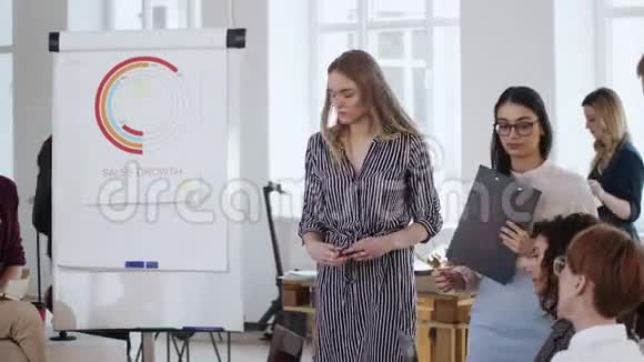 年轻漂亮自信的金发女领导展示项目激励员工在现代办公室挂图视频的预览图