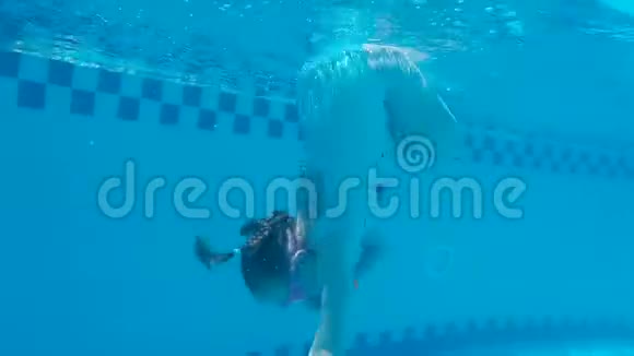 穿着泳装在蓝色游泳池水下游泳的可爱少女视频的预览图