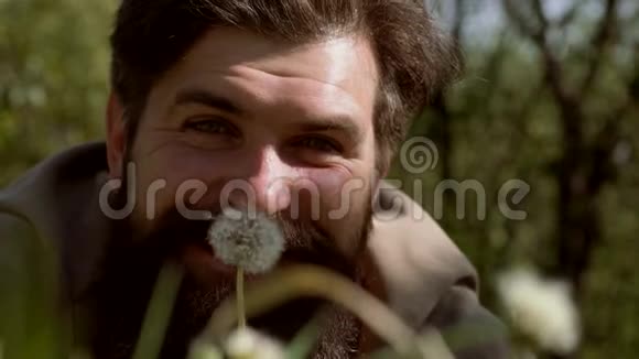 无过敏概念感冒季节英俊的男人坐在草地上吹着蒲公英紧紧地视频的预览图