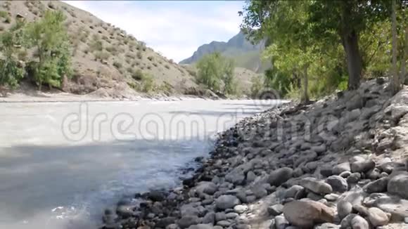 楚雅山河湍急汹涌的水流夹在沼泽森林的岩石海岸视频的预览图