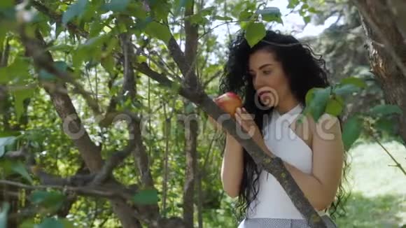 美丽的深色头发红苹果站在树旁视频的预览图