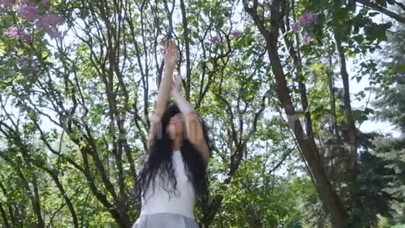 美丽的棕黑色动物轻轻地移动她的双手站在绿树背景下视频的预览图