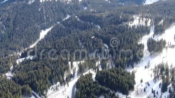 山上森林的空中镜头有很多雪4k视频的预览图