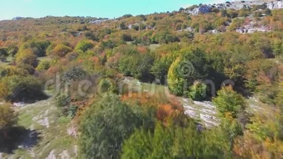 上秋树散布在蓝天下的山阶上视频的预览图