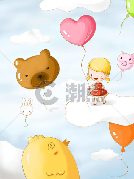 牵着气球飞上云朵的小女孩图片素材免费下载
