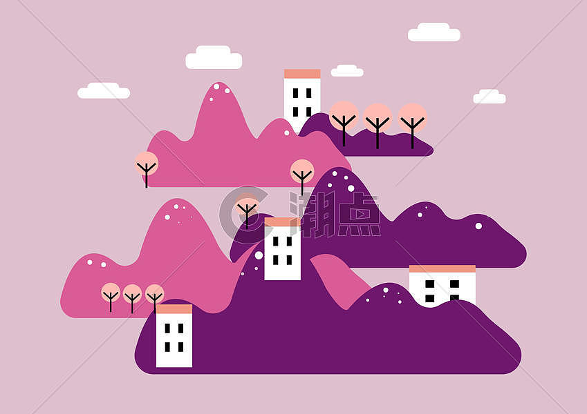紫色浪漫卡通风景山房子图片素材免费下载