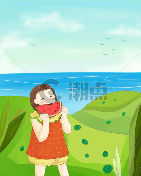 海边吃西瓜的小女孩图片素材免费下载