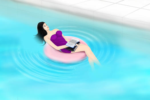 游泳池里看书的女孩图片素材免费下载