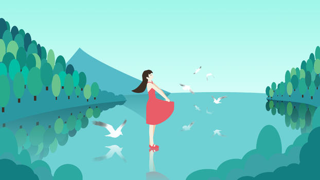 天空之境下的红裙子女孩与海鸥插画图片素材免费下载