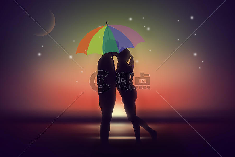 黑夜星光里雨伞下亲吻的情侣图片素材免费下载