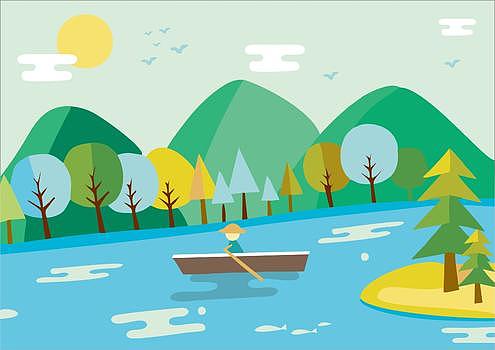 小男孩划船山水插画图片素材免费下载