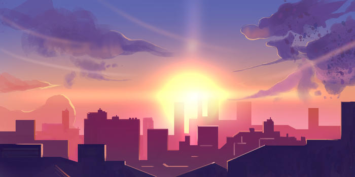 城市夕阳漫画插画图片素材免费下载