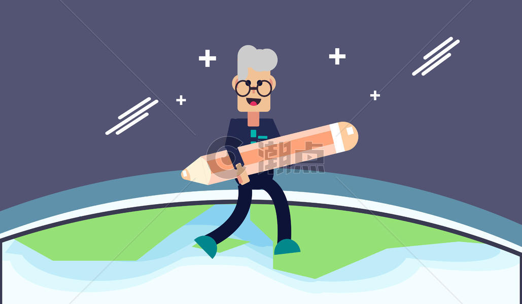 抱着铅笔在地球上空奔跑的男子图片素材免费下载