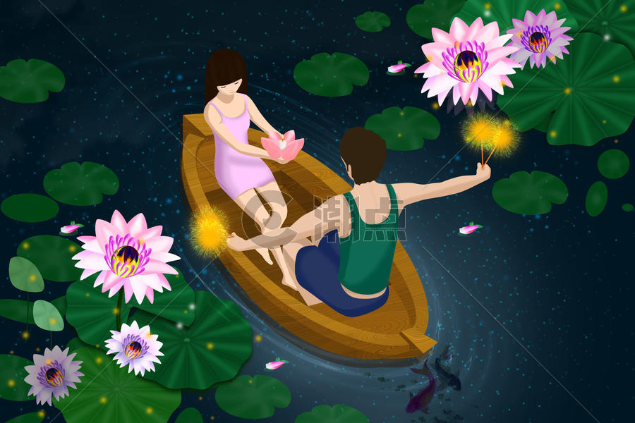 荷花池坐船上放花灯和烟花的情侣图片素材免费下载