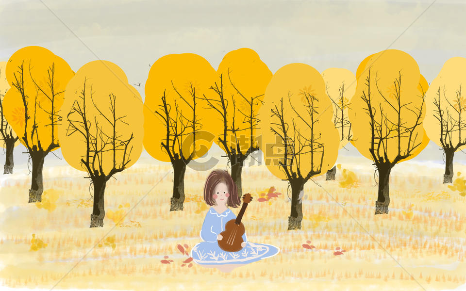 手绘秋季女孩户外弹吉他插图图片素材免费下载