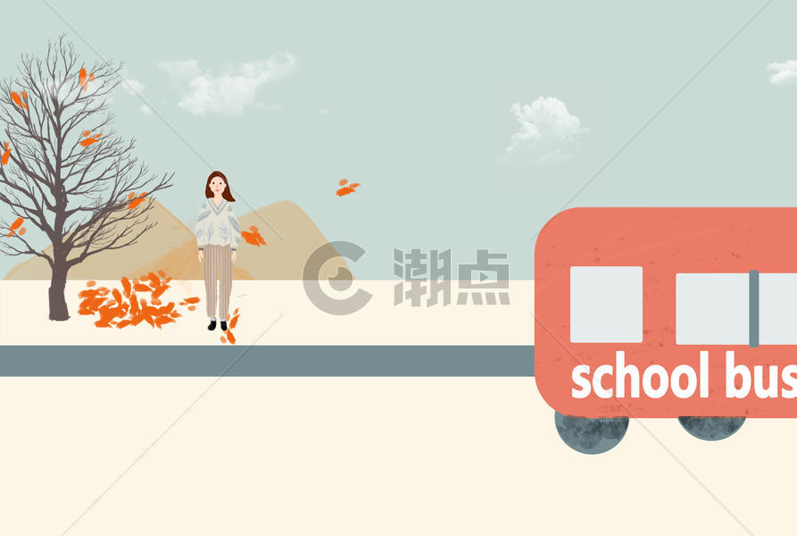 手绘秋天里等校车的女孩图片素材免费下载
