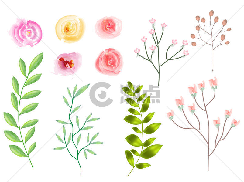 手绘水彩小花朵叶子装饰图片素材免费下载