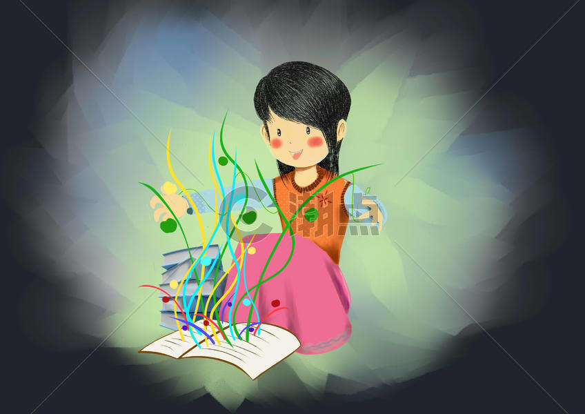 矢量手绘看书的小女孩图片素材免费下载