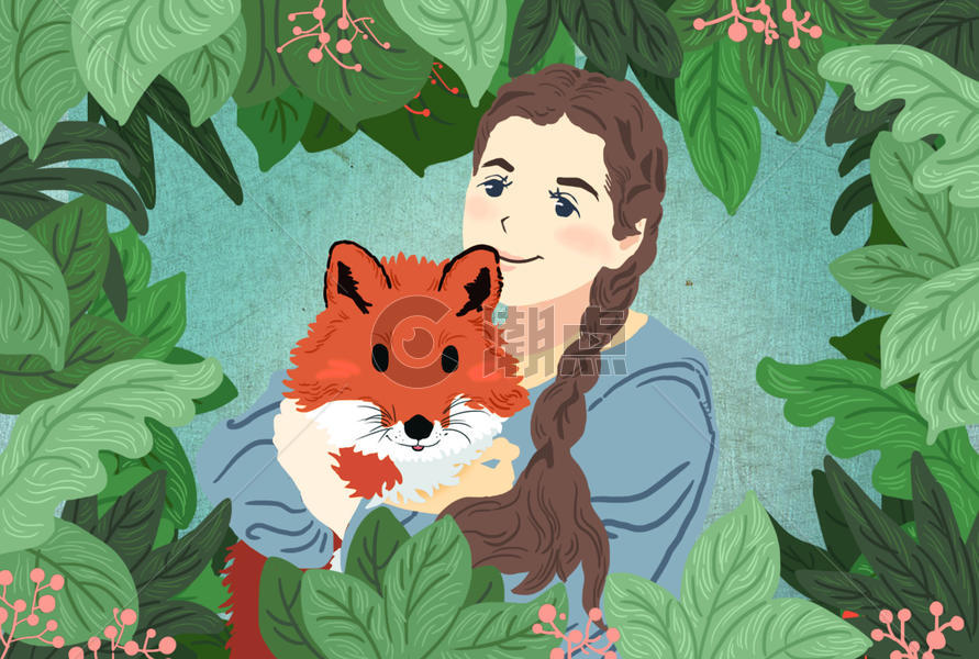 狐狸与少女插画图片素材免费下载