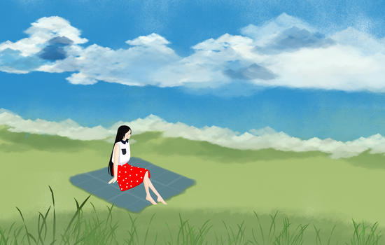 草原的女孩插画图片素材免费下载