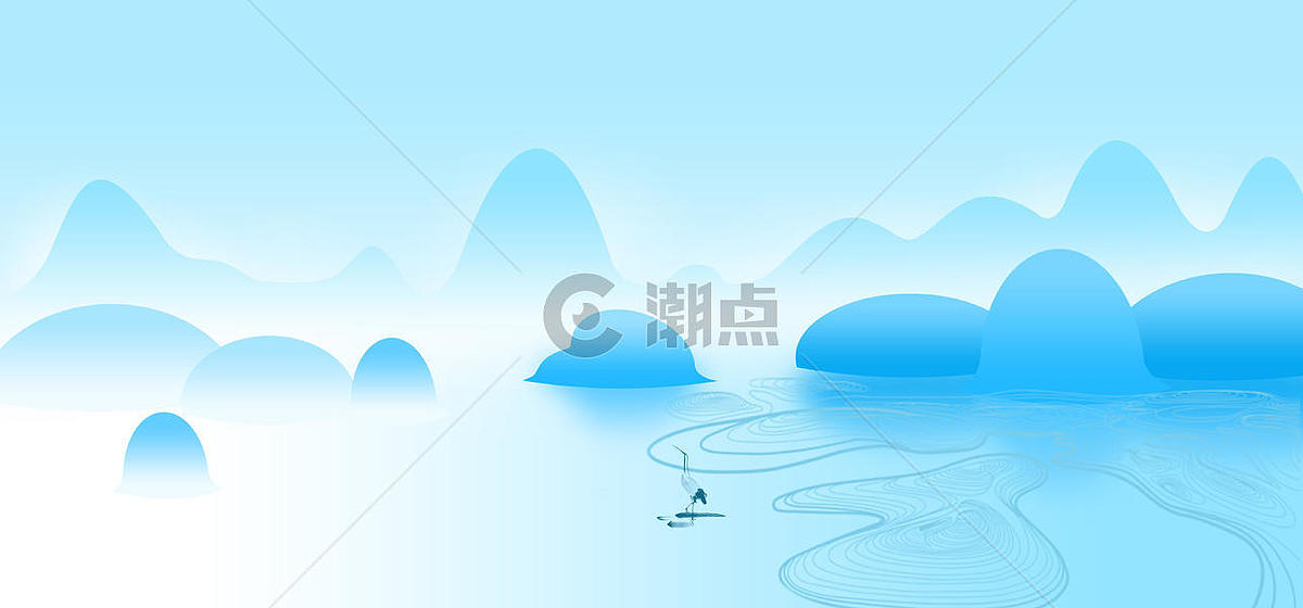 蓝色鹤山水插画图片素材免费下载