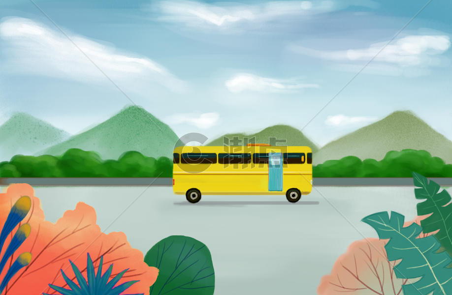 公路上的公交车插画图片素材免费下载