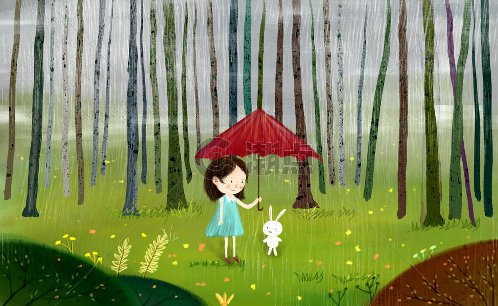 小女孩树林打伞插画图片素材免费下载