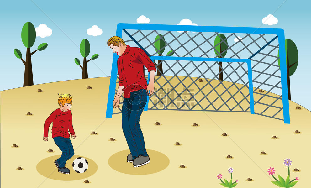 父子俩在足球场上踢足球图片素材免费下载