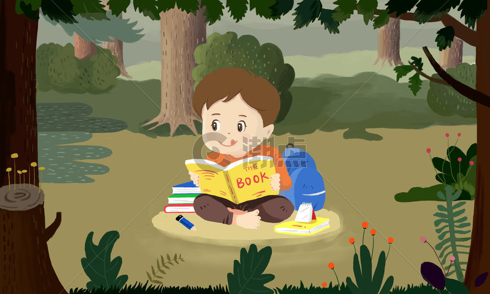 在大森林中看书的孩子图片素材免费下载