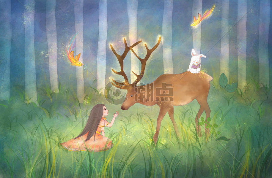 女孩与鹿温馨插画图片素材免费下载