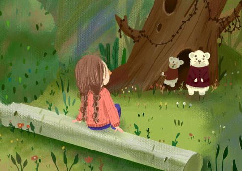 小女孩与小熊温馨插画图片素材免费下载