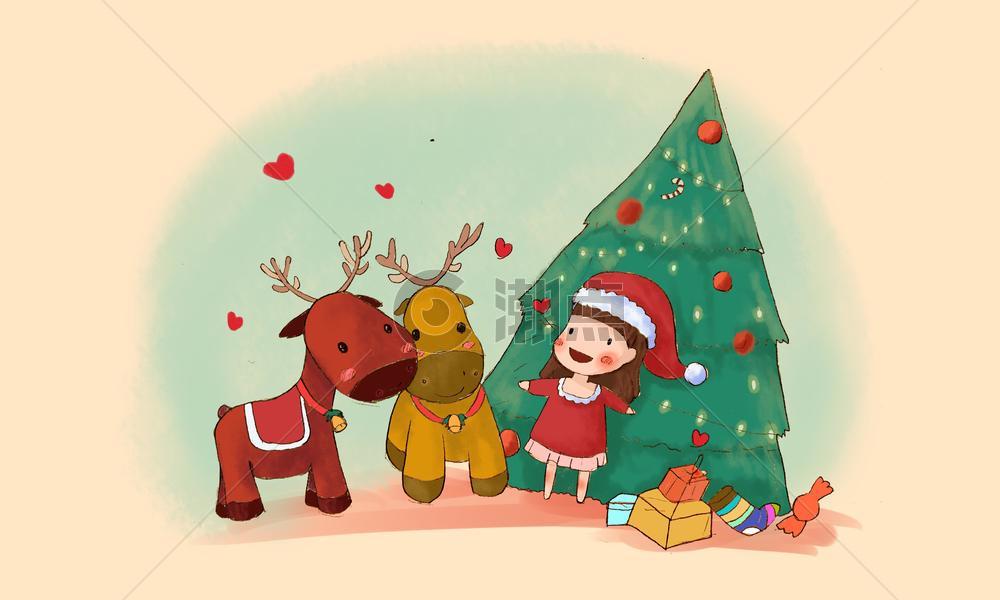 圣诞节的麋鹿和女孩图片素材免费下载