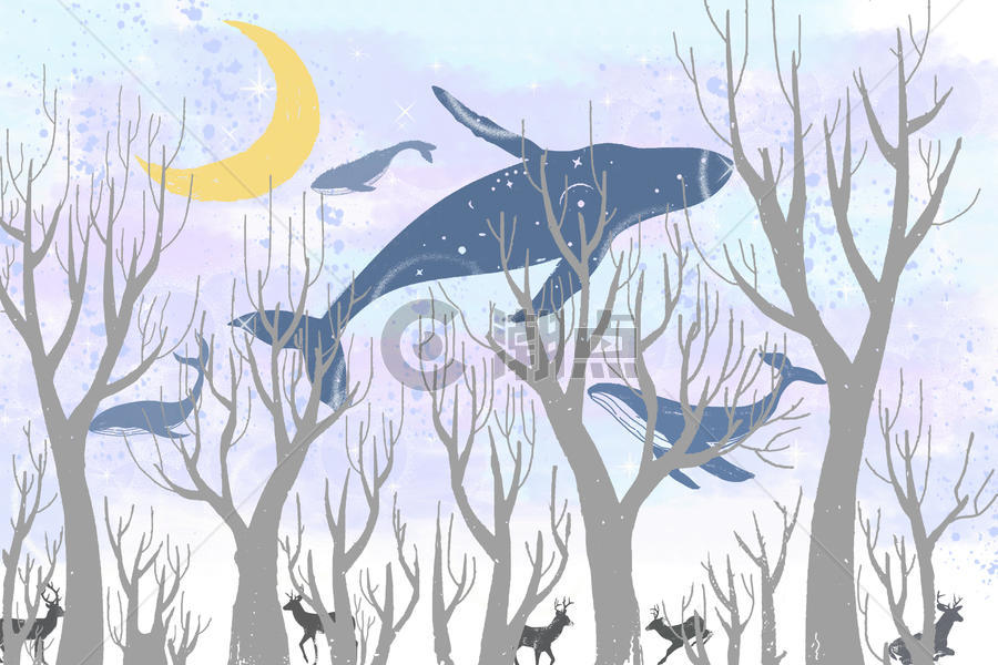 唯美天空鲸鱼插画图片素材免费下载