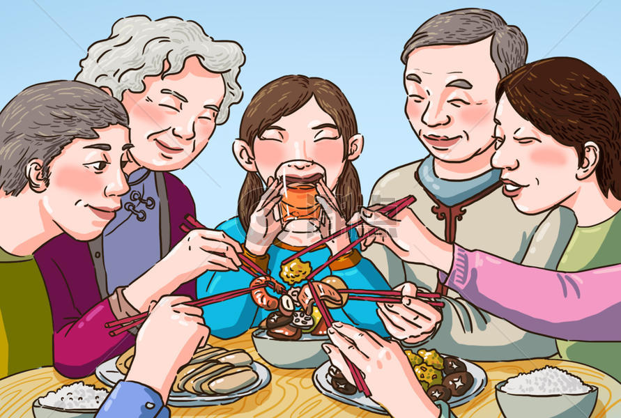 春节阖家团圆插画图片素材免费下载
