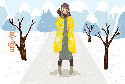 冬雪女孩插画图片素材免费下载