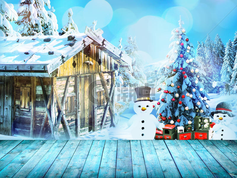圣诞节木屋雪地蓝色背景图片素材免费下载