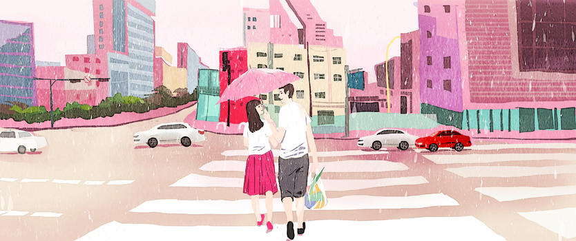 粉红城市情侣插画图片素材免费下载