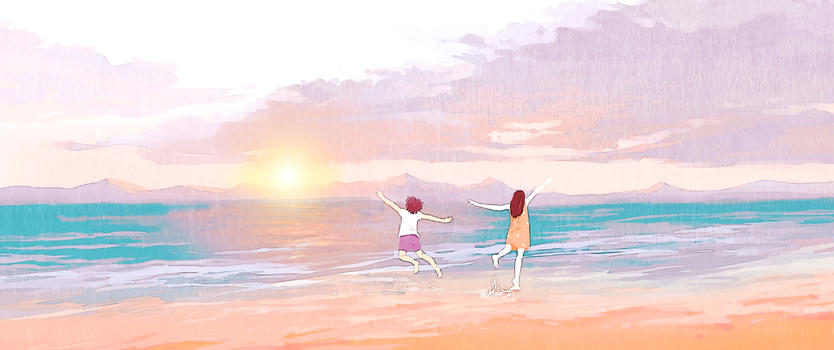 海边日出少女插画图片素材免费下载