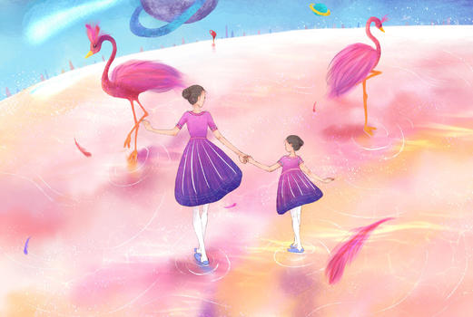 亲子梦幻旅行粉色星球插画图片素材免费下载
