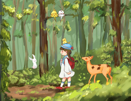 行走在林间的少女图片素材免费下载
