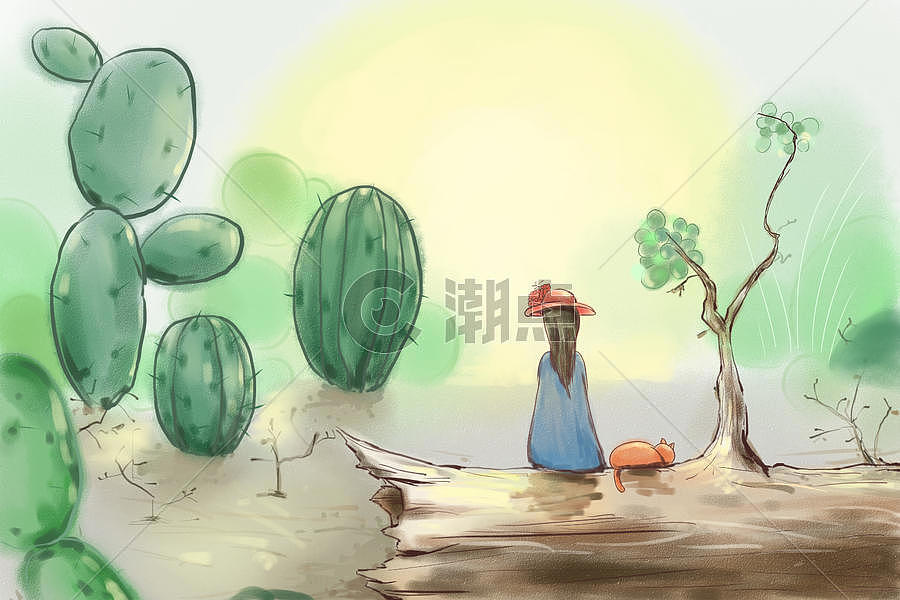 仙人掌沙漠孤独的女孩插画图片素材免费下载
