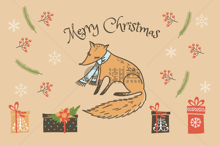 圣诞手绘狐狸背景图片素材免费下载