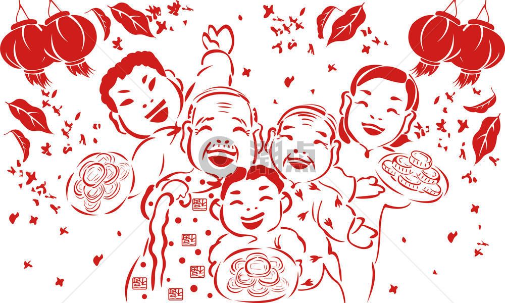 一家人团圆春节剪纸图片素材免费下载