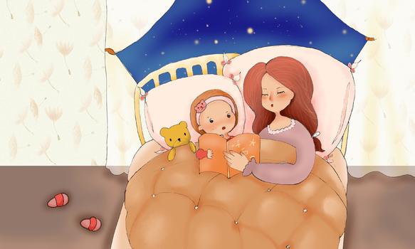 睡前读晚安故事的母女图片素材免费下载