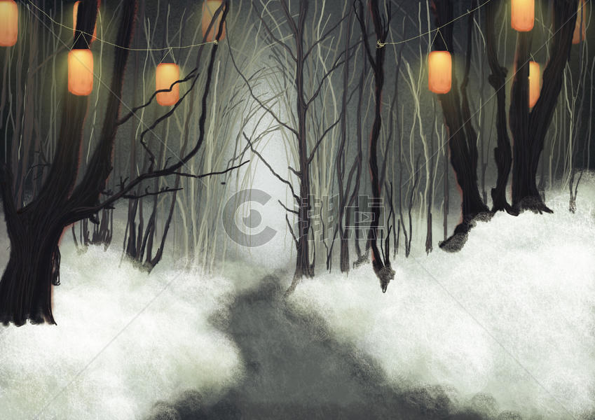 冬天树林里的灯笼图片素材免费下载