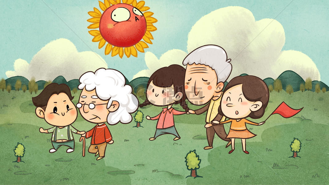 郊游关爱老人儿童插画图片素材免费下载