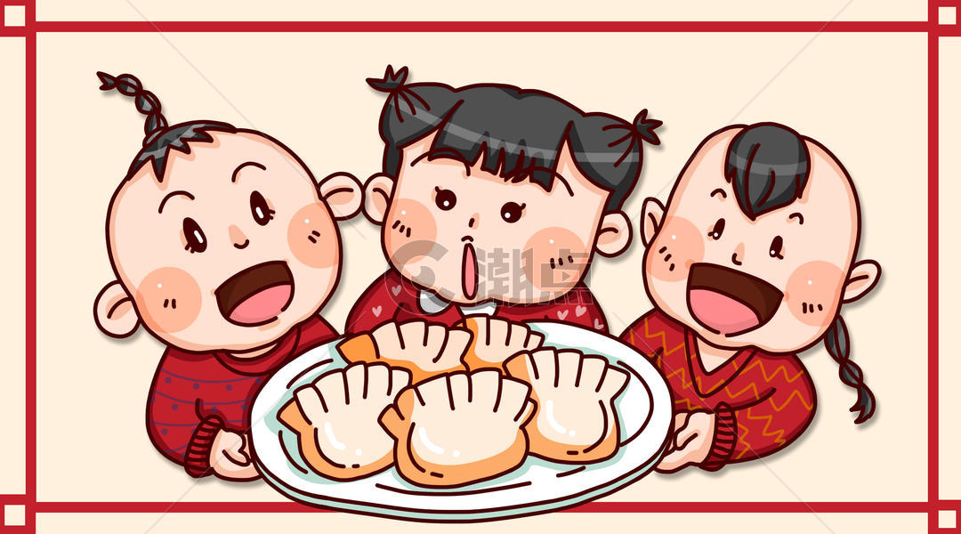 喜庆节日儿童吃饺子插画图片素材免费下载