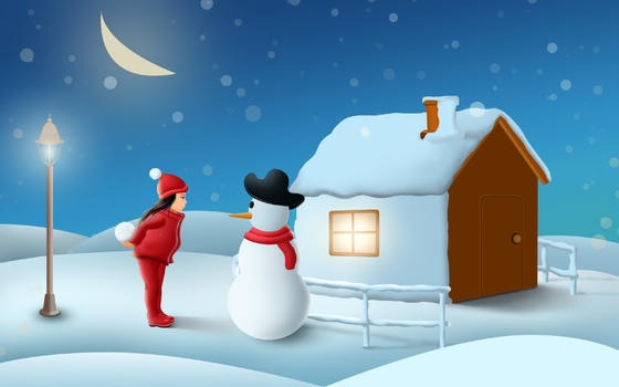 冬季的小女孩与雪人图片素材免费下载
