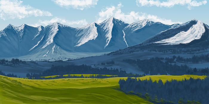 雪山下的自然风光插画图片素材免费下载